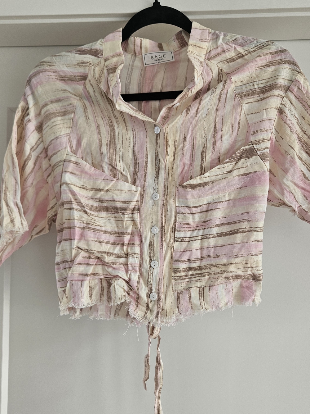 SAGE striped cropped button-front blouse in blush & cream